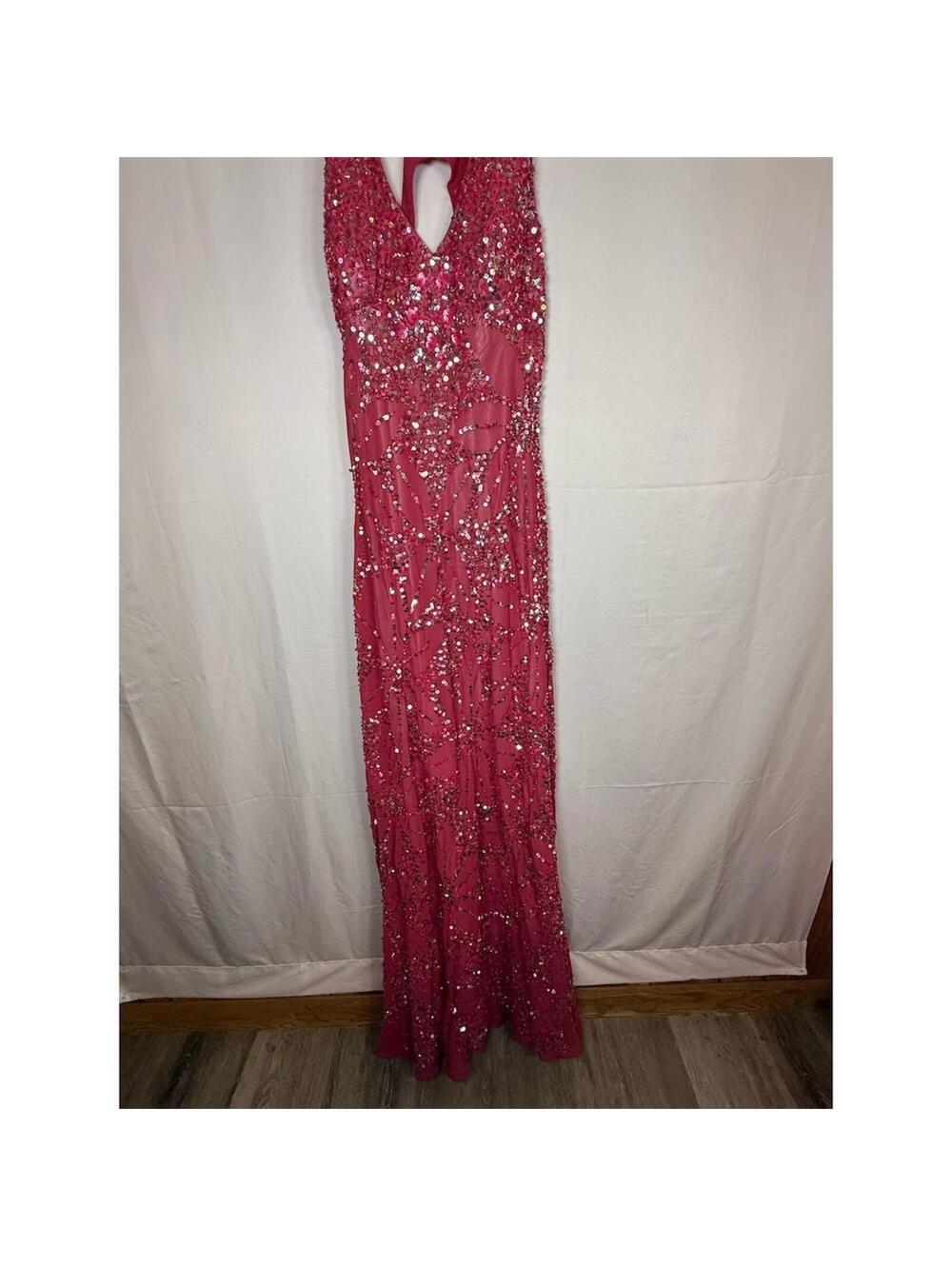 Adrianna Papell Gown Womens Size 8 Pink Sequin Halter Maxi Deep V Back Cutout - Picture 5 of 16